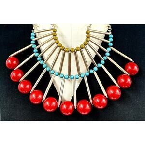Tribal Style Statement Bib Necklace Faux Coral, Turquoise One Size
